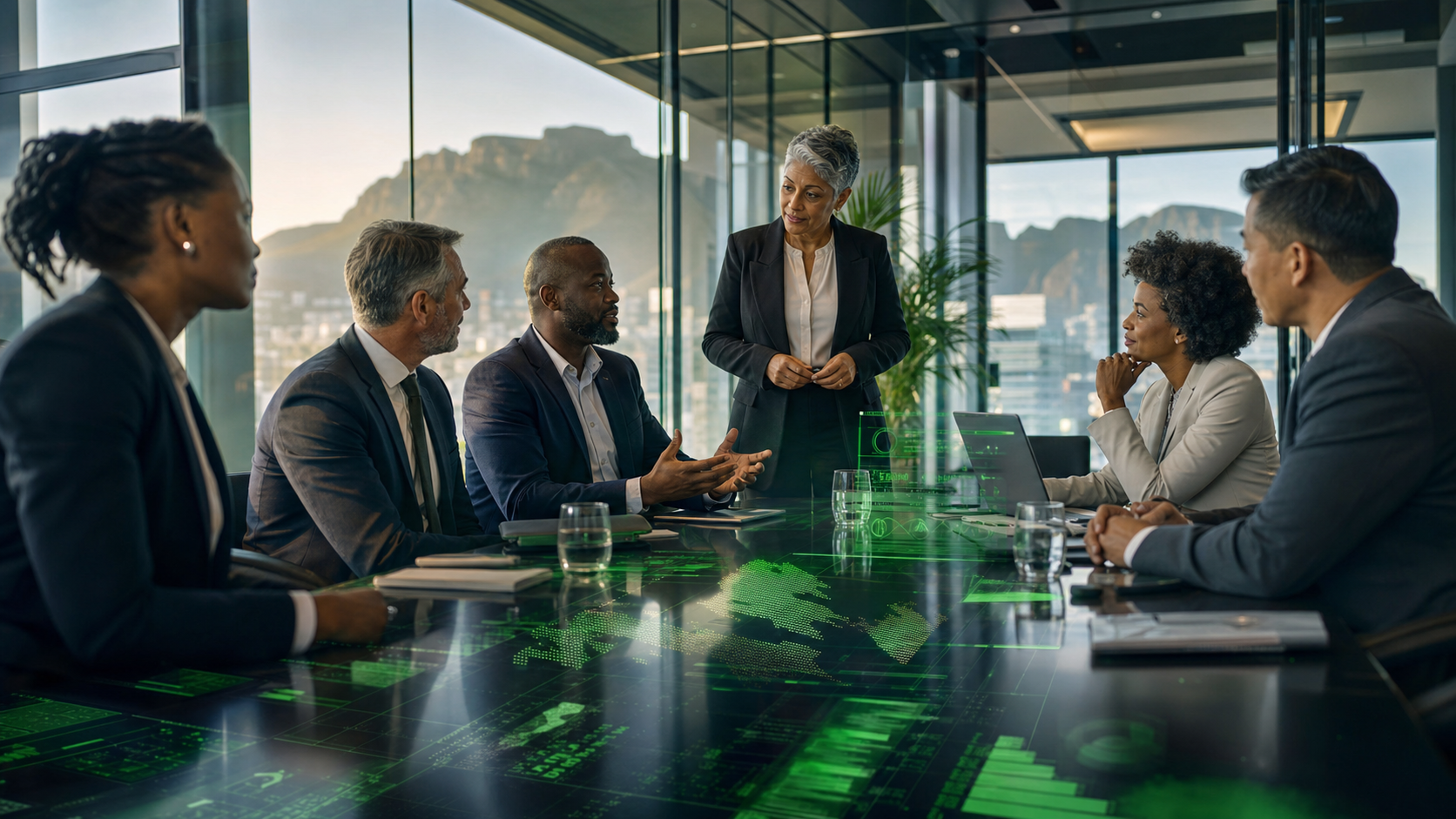 Corporate leaders discussing digital transformation strategy with green data overlays