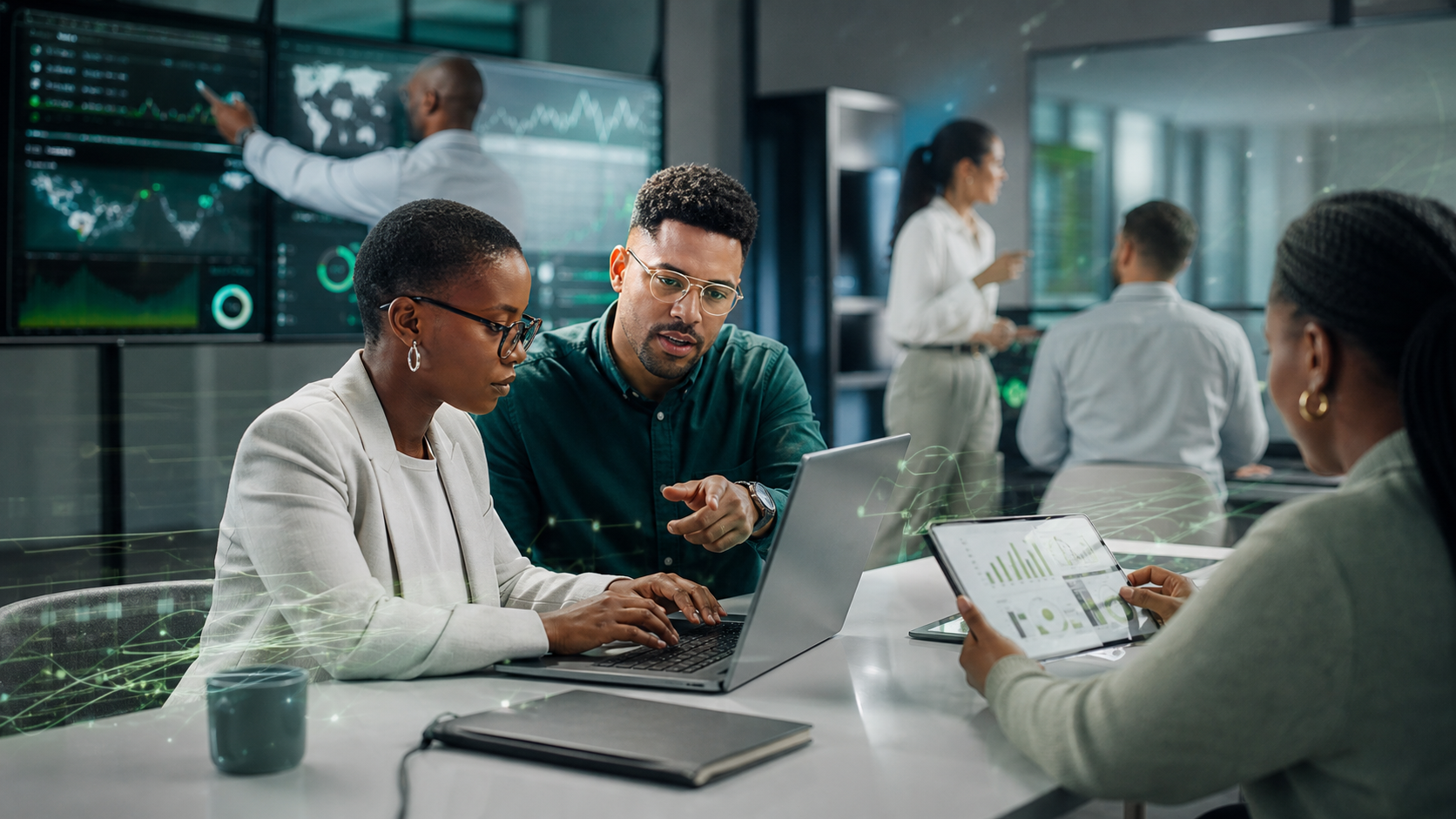 Professionals applying analytics and technology in a collaborative workplace